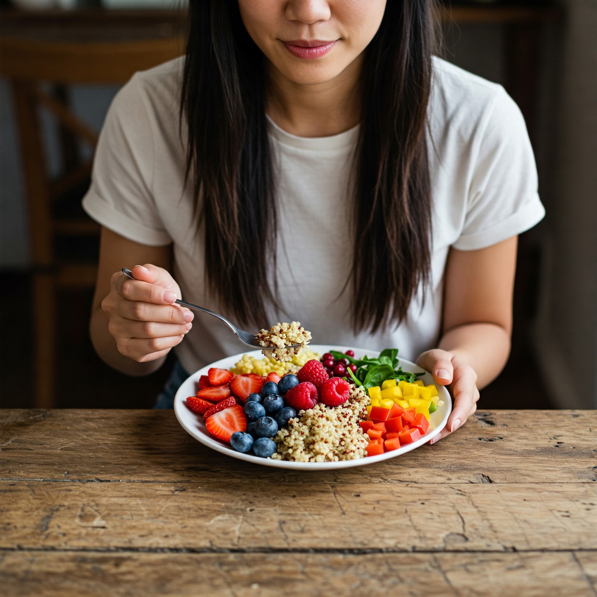 야채와 과일을 먹고있는 여성