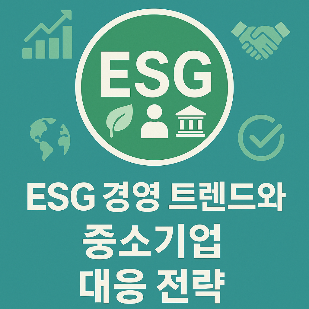 ESG 경영 트렌드와 중소기업 대응 전략 문구와 ESG를 상징하는 지구, 사람, 건물을 이미지화