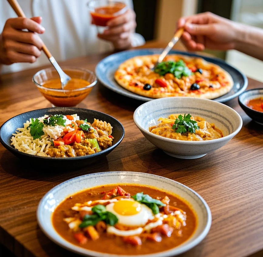 카레 김치찌개 피자가 있는 식탁