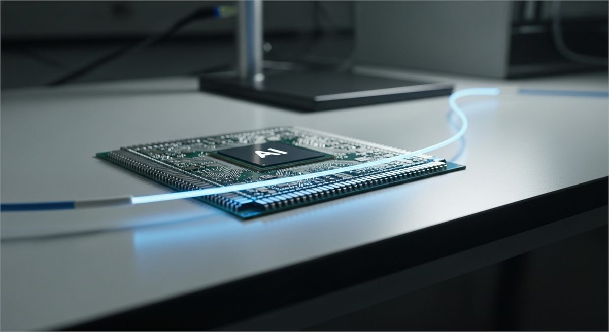 AI 서버와 광케이블 연결을 상징적으로 보여주는 장면 