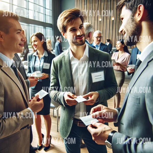 비즈니스 세미나에서 직장인들이 네트워킹하며 명함을 교환하는 모습. 현대적인 컨퍼런스룸에서 활발한 대화와 인맥 형성이 이루어지는 장면.
