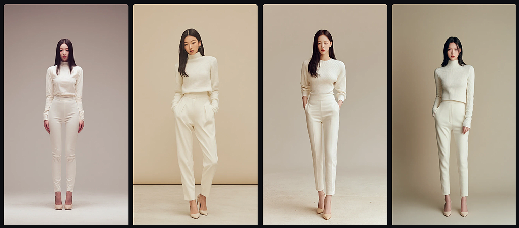 인물 모델, 슬림한 체형과 단정한 중립 포즈가 강조된 20대 한국 여성 모델의 전신 이미지_Midjourney