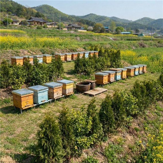 도봉 경험 이후 변경한 벌통 배치. 소문 방향과 봉군 간격을 조정한 현재 운영 모습.