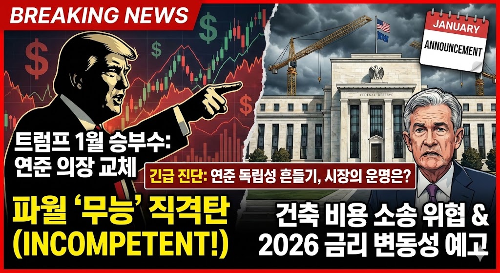 트럼프 대통령의 차기 연준 의장 1월 지명 계획과 파월 의장 비판 및 2026 금리 정책 변화를 요약한 정보성 블로그 썸네일 이미지