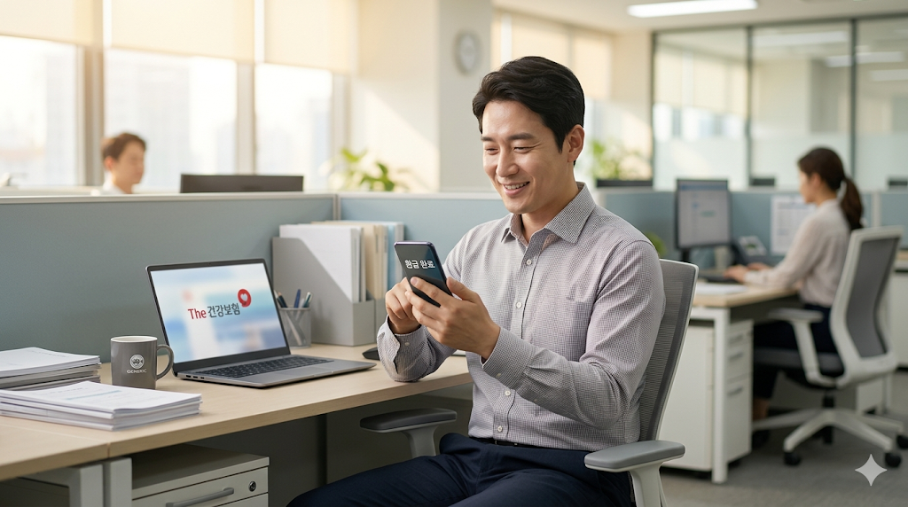 직장인 건강보험료 확인 후 미소 짓는 직장인