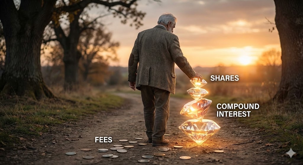 작은 동전(수수료)을 줍느라 큰 보석(복리 효과)을 놓치지 않고, 묵묵히 보석을 쌓아가는 현명한 투자자의 뒷모습