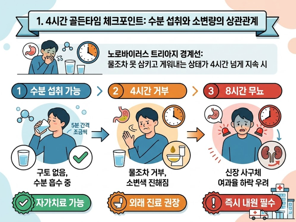 노로바이러스 4시간 골든타임 체크포인트로 보는 수분 섭취와 소변량 변화 흐름