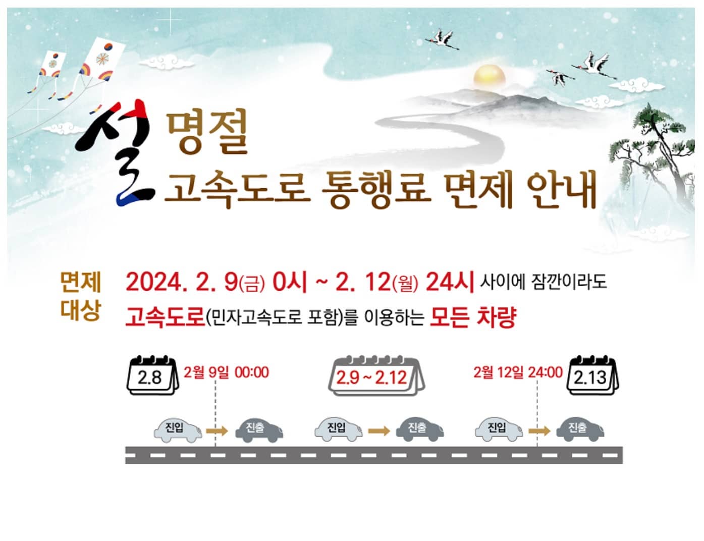 설 명절 고속도로 통행료 면제 기간