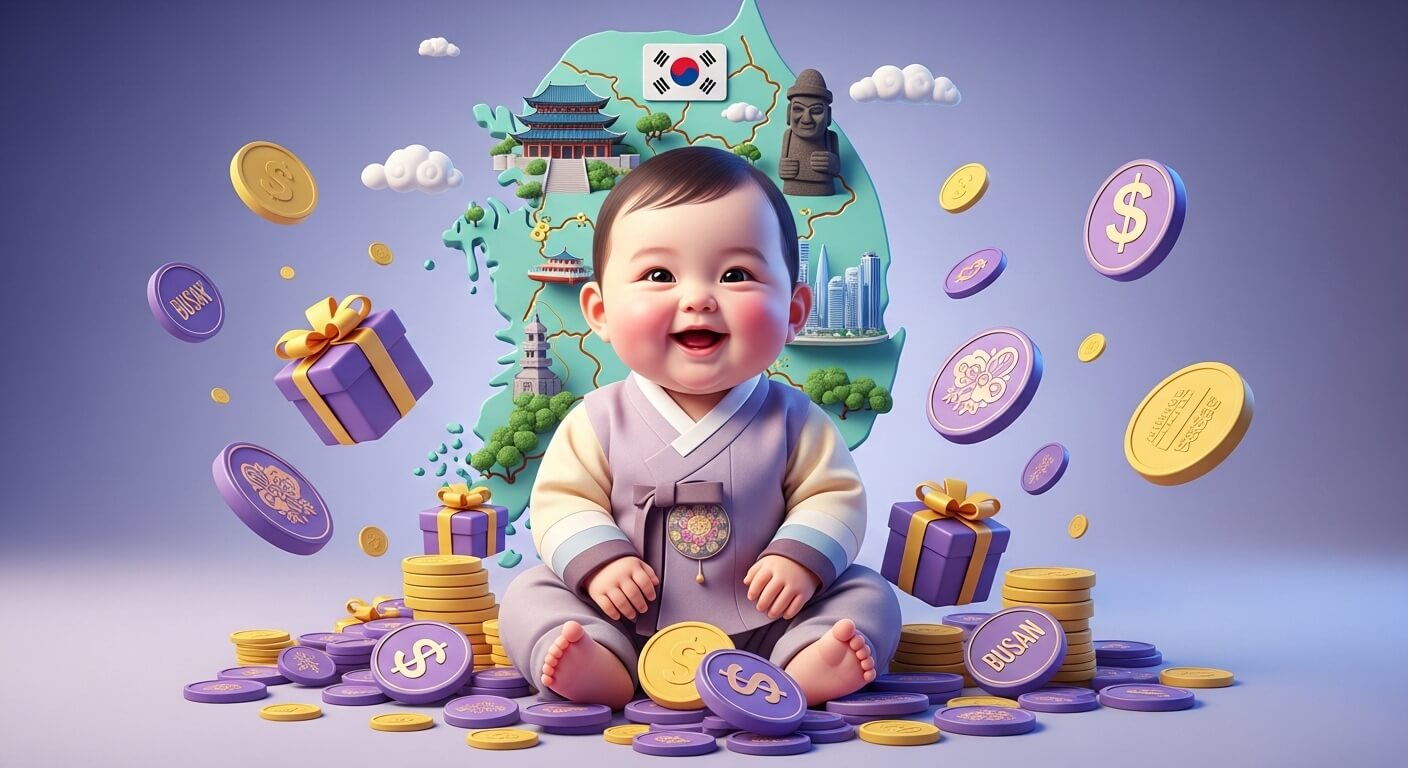 아기가 한복을 입고 앉아있고 뒤에는 대한민국 지도가 보이고 코인과 선물꾸러미 들이 있다