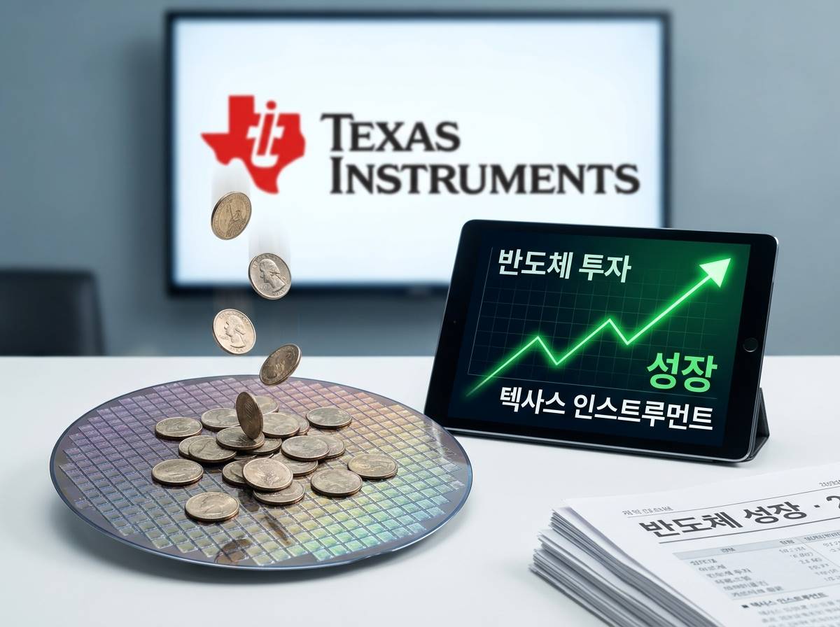 우상향하는 주가 그래프와 함께 반도체 웨이퍼 위로 쏟아지는 달러 동전들, 텍사스인스트루먼트 로고가 배경에 있는 깔끔한 금융 이미지