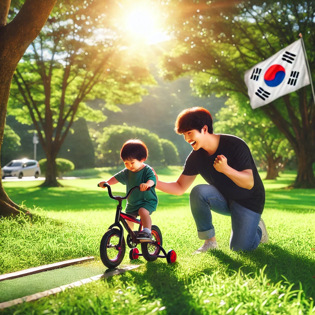 부모와 자녀가 공원에서 자전거를 처음 타는 아이를 격려하는 장면. 밝은 햇빛과 푸른 잔디가 돋보이는 지원적이고 응원하는 분위기