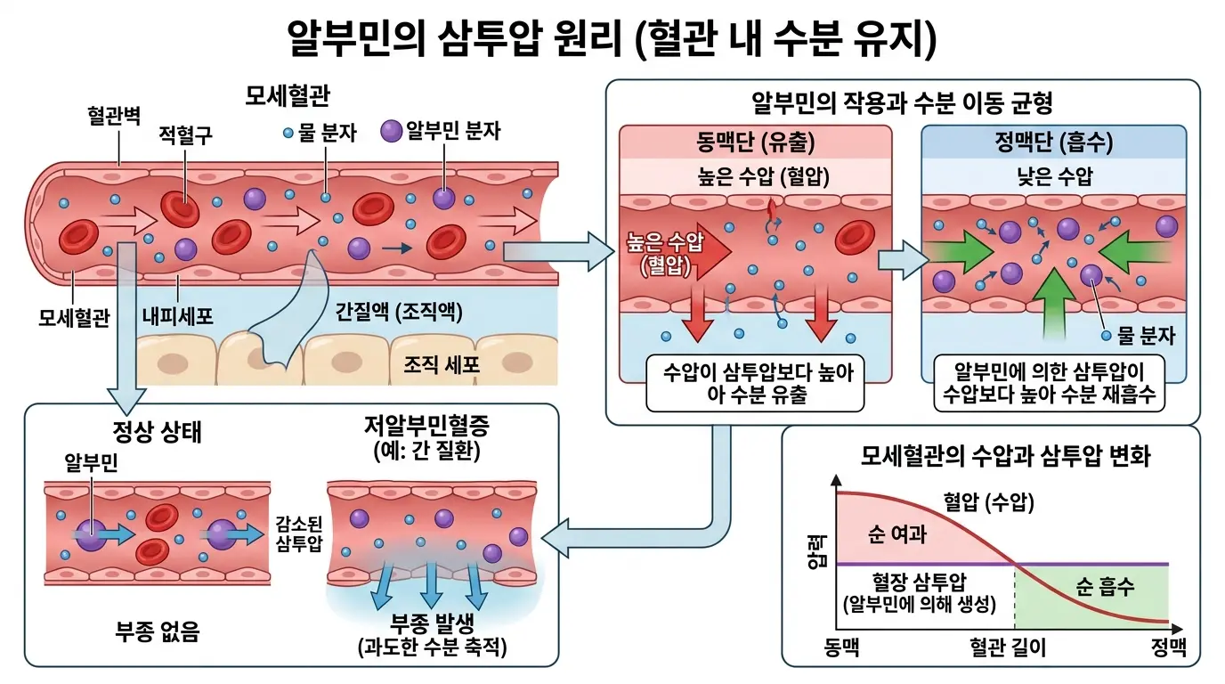 알부민이 혈관 내 수분 균형을 유지하는 구조 설명 이미지