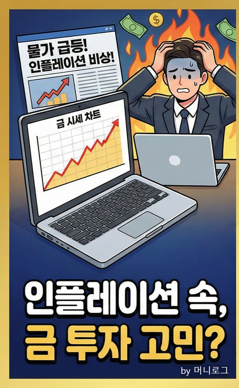 인플레이션 뉴스와 함께 노트북 화면에 금 시세 차트를 보며 고민하는 직장인 모습