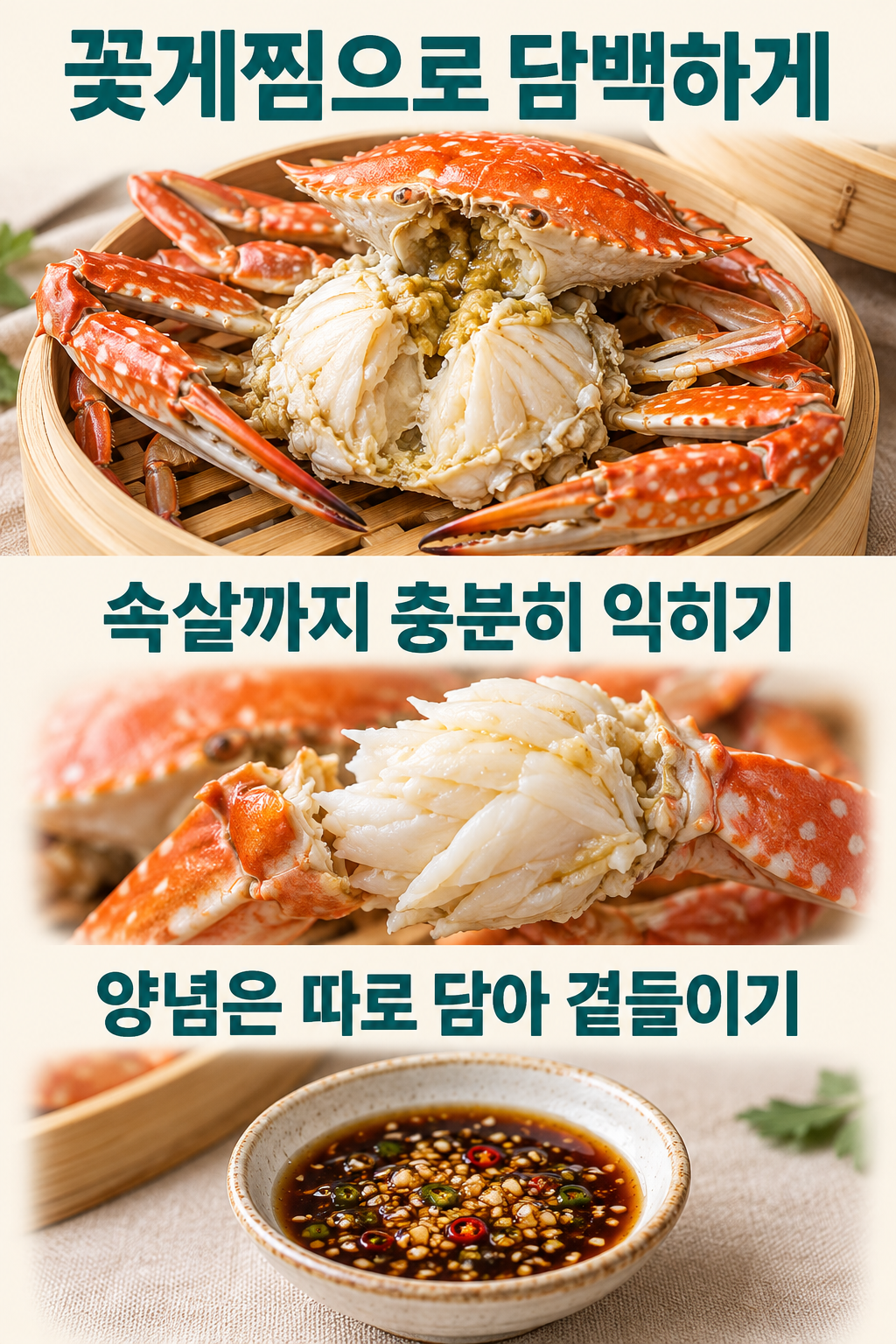 익힌 꽃게의 속살과 별도로 담은 양념을 보여주는 꽃게찜 조리 예