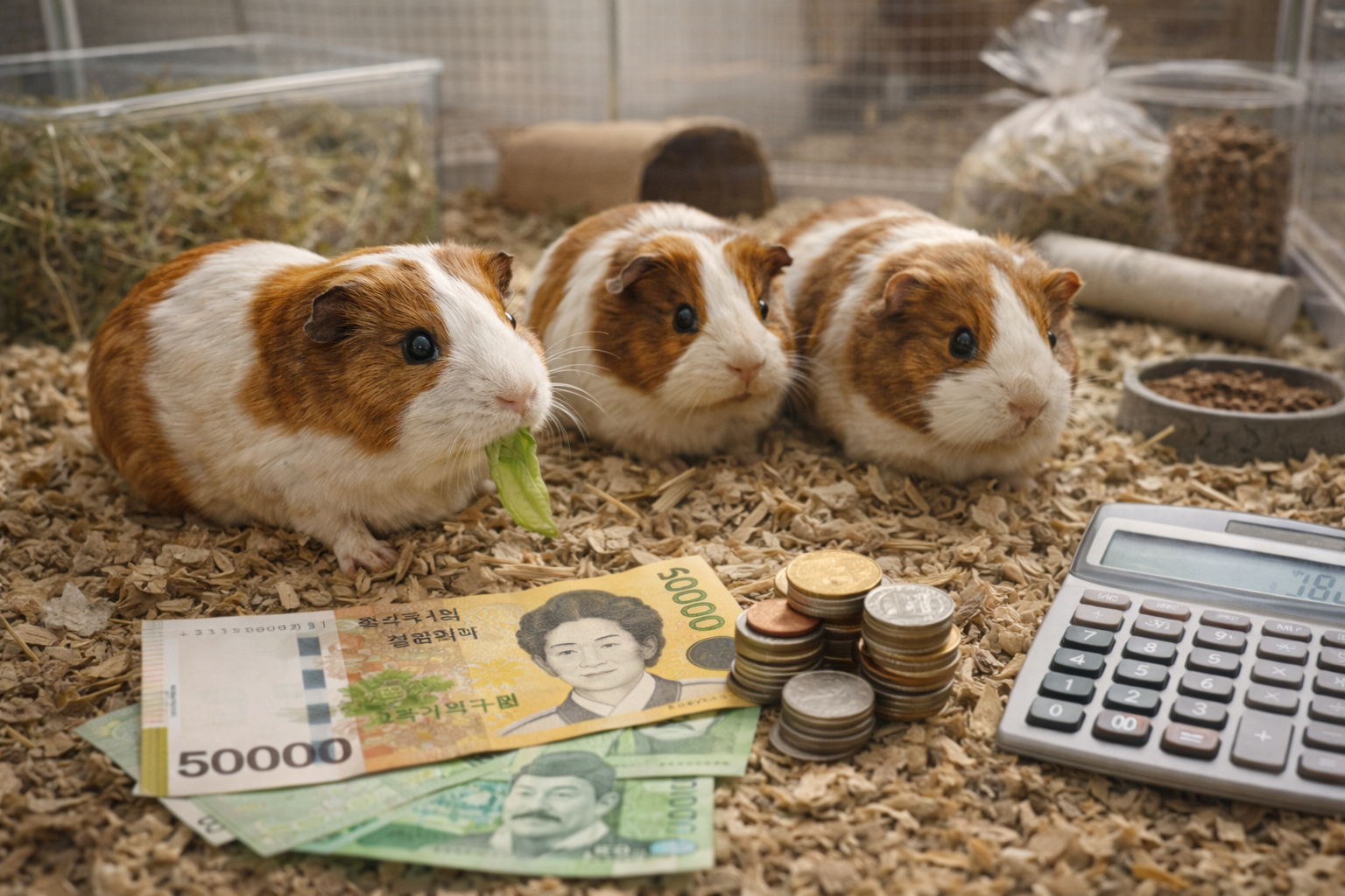 케이지 안의 기니피그들과 돈, 계산기 이미지