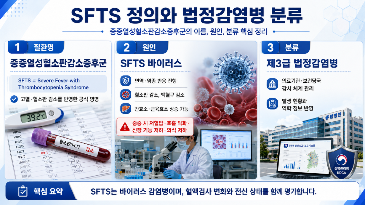2. SFTS의 공식 병명, 원인 바이러스, 제3급 법정감염병 분류를 설명한 의학 정보 이미지