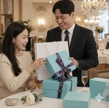 프로포즈 선물을 전달하는 예비 남편