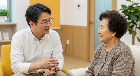 거실에서 대화 중인 조사원과 어르신