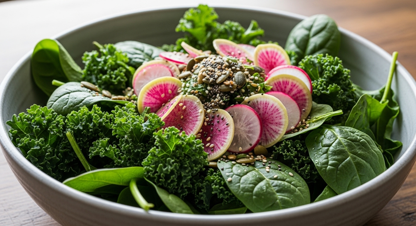 혈당 조절에 필수적인 마그네슘과 식이섬유가 풍부한 케일과 시금치 중심의 신선한 샐러드