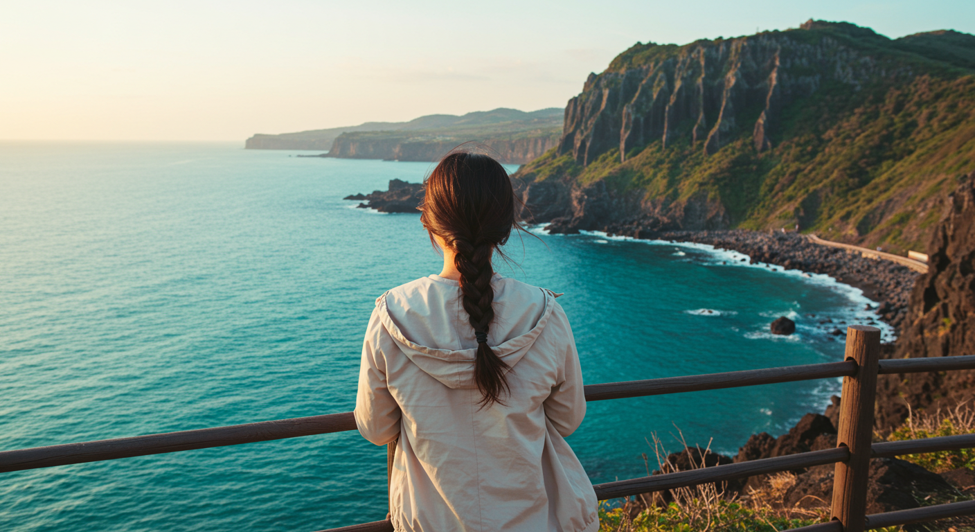제주 절벽 끝에서 바다를 바라보는 한국인 여성의 뒷모습