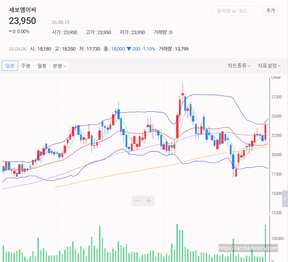 세보엠이씨 주식 일봉 차트