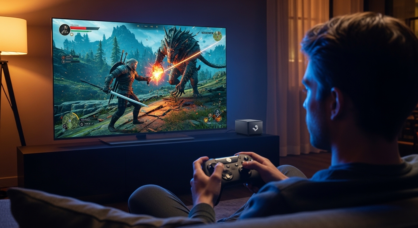 스팀 컨트롤러를 사용하여 거실 TV에서 4K 고사양 게임을 즐기는 사람의 몰입감 넘치는 모습