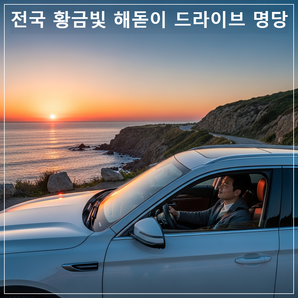 끝없이 펼쳐진 수평선 위로 거대한 붉은 태양이 떠오르는 순간, 해안 도로에 정차된 세련된 화이트 컬러의 럭셔리 SUV와 그 안에서 일출을 바라보며 미소 짓는 성공한 분위기의 한국인 남성 이미지