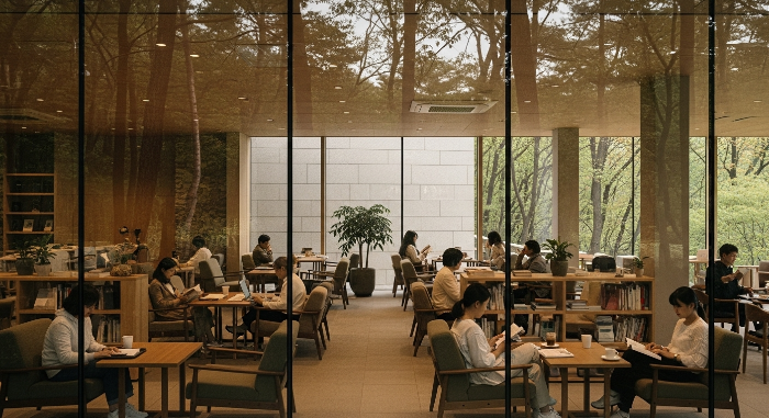경기도 숲속에 자리한 현대적인 디자인의 라이브러리 카페 내부, 큰 창을 통해 자연광이 쏟아져 들어오고 사람들이 편안하게 독서하는 모습.