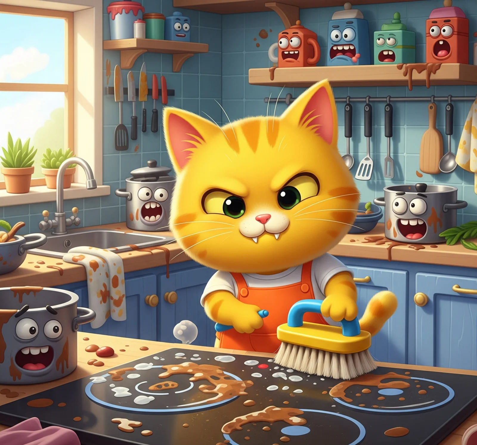 더러워진 인덕션을 청소하려는 고양이 그림, An illustration of a cat trying to clean a dirty induction stove