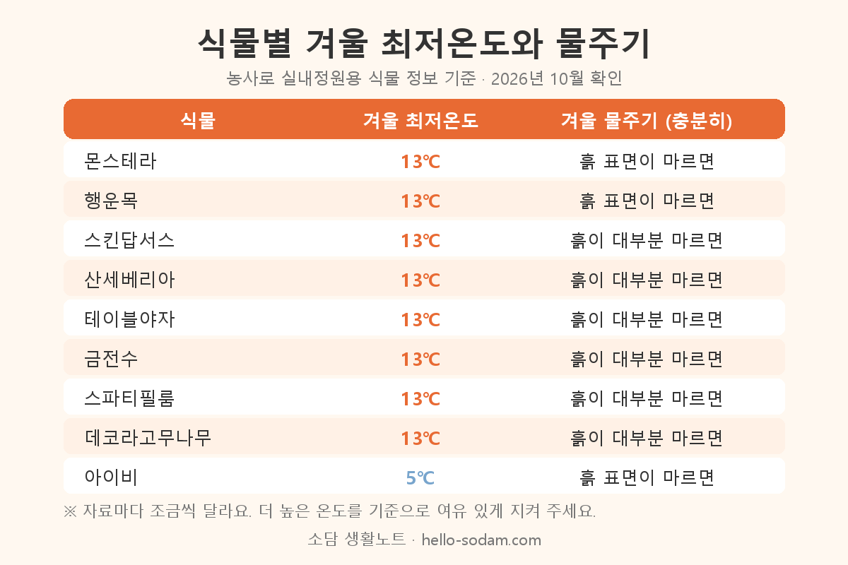 몬스테라 스킨답서스 산세베리아 등 식물별 겨울 최저온도와 겨울 물주기 표
