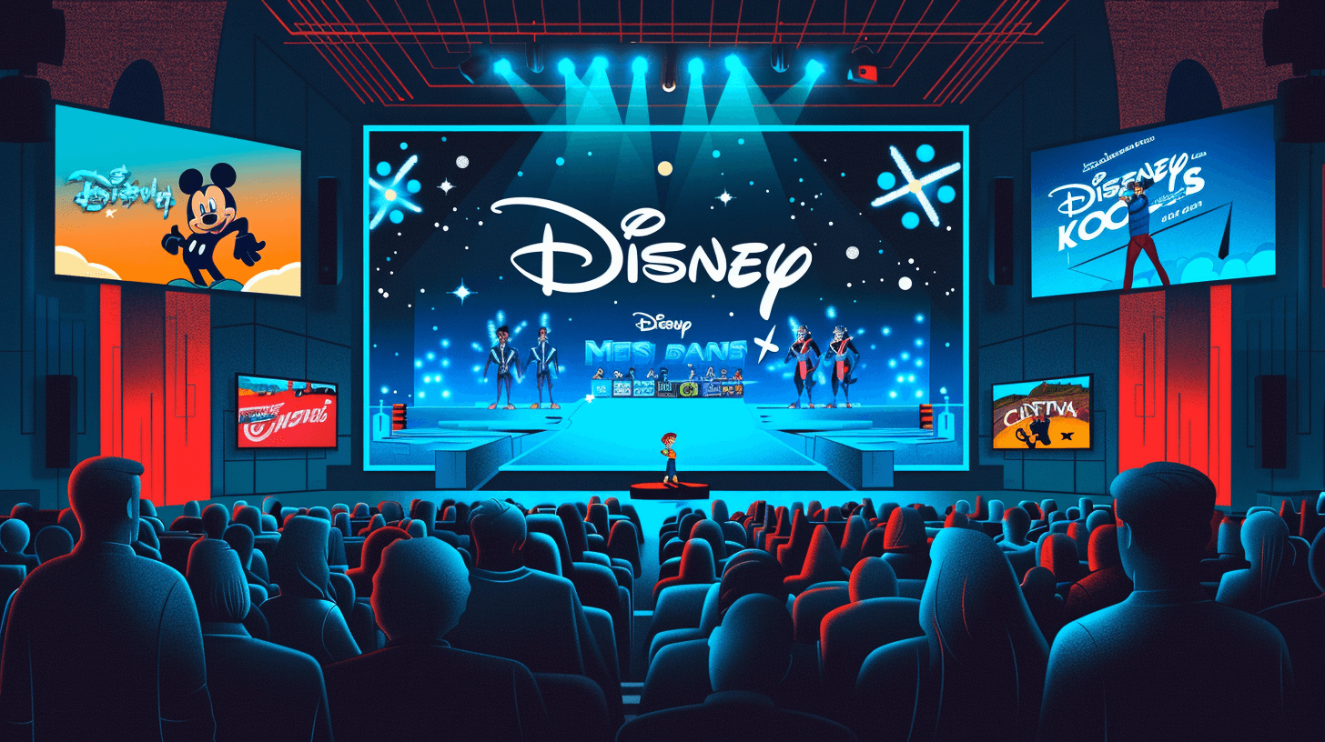 디즈니-로고-화면과-관람객들-이미지