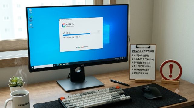 Windows PC에서 한컴오피스 설치 오류를 확인하며 해결 방법을 점검하는 화면
