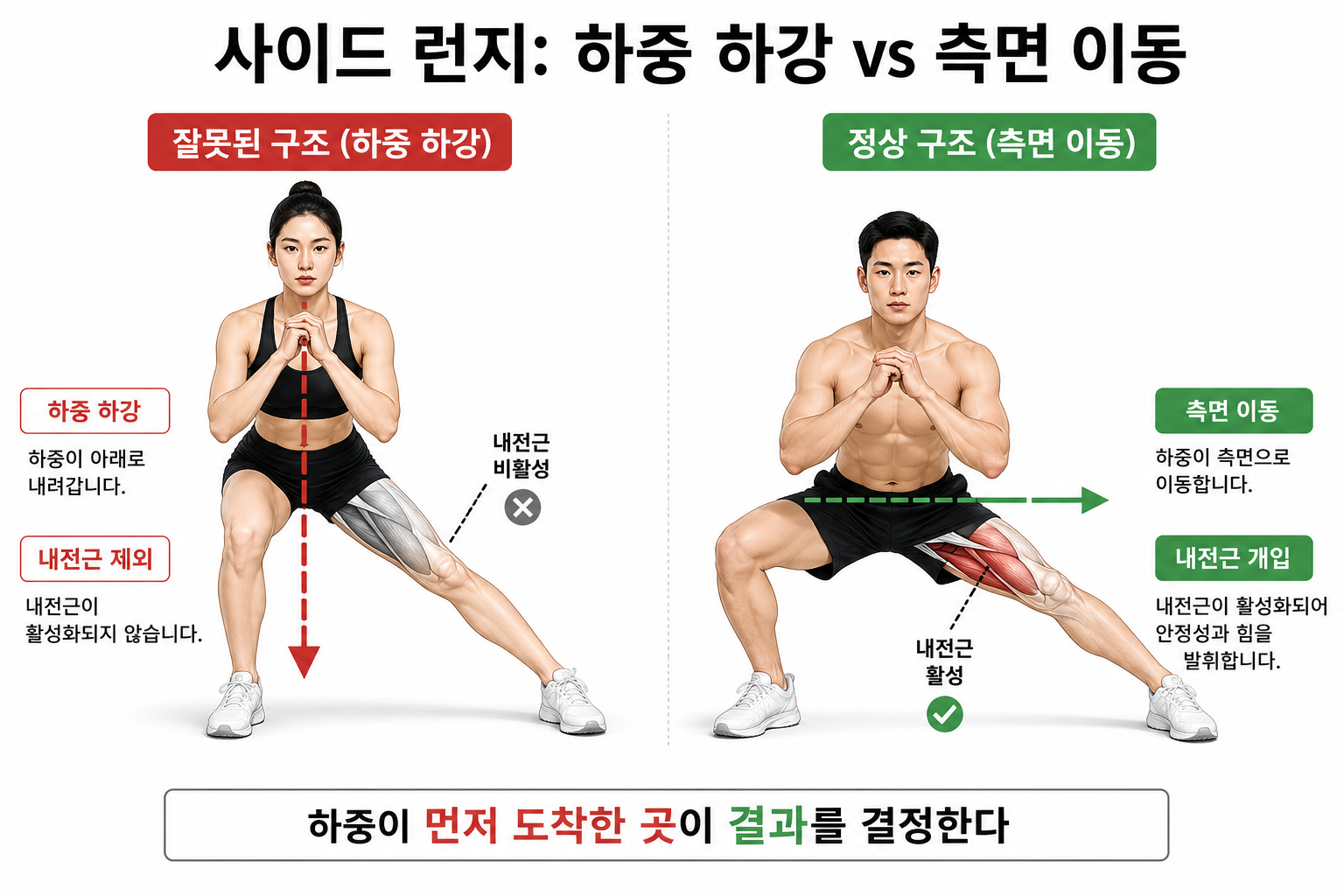“사이드 런지: 하중 하강 vs 측면 이동”