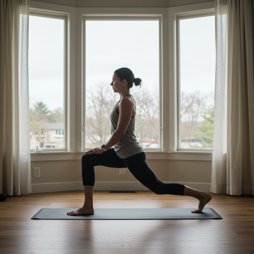 실내 요가 매트 위에서 한쪽 다리를 앞으로 내밀어 런지 자세를 취하고 있는 여성