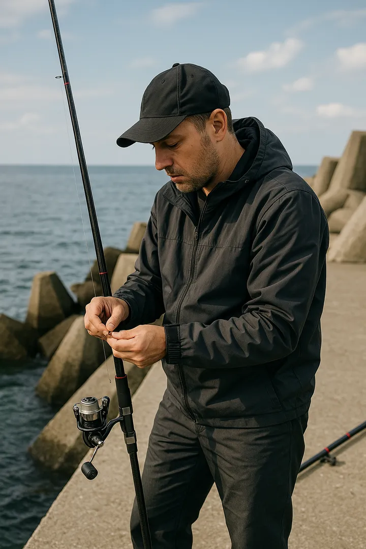 방파제 위에서 낚시 채비를 준비하는 낚시꾼 모습
