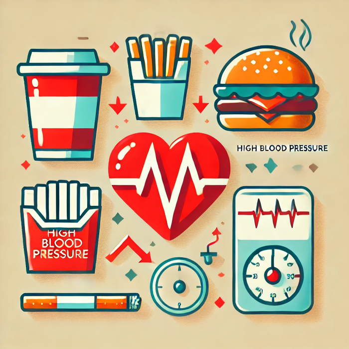 고혈압의 주요 원인을 나타내는 이미지, 패스트푸드, 흡연, 스트레스를 시각적으로 표현.