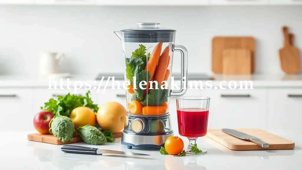 밝고 깨끗한 주방 카운터 위에 투명한 유리 믹서기가 중앙에 놓여 있고, 그 안에 사과, 당근, 케일 등 다채롭고 신선한 청혈 주스 재료들이 먹기 좋게 손질되어 담겨 있습니다.