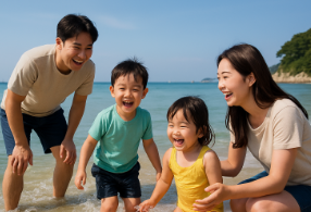 삼척 해안가에서 물놀이 하고 있는 가족 모습