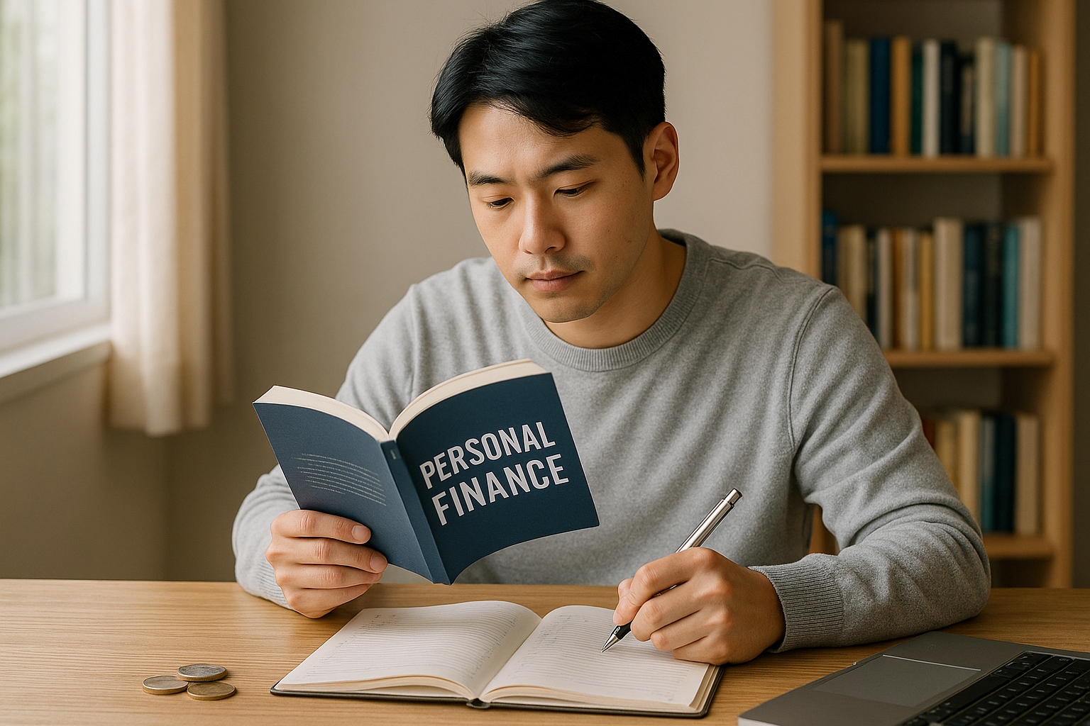 청년이 금융 관련 책을 읽으며 공부하는 모습