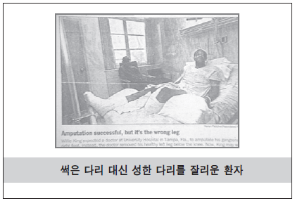 병원 침대에 누워 있는 환자의 흑백 사진과 함께 "Amputation successful, but it's the wrong leg"라는 영문 기사 제목이 실려 있으며, 하단에 '썩은 다리 대신 성한 다리를 잘라운 환자'라는 설명이 적혀 있는 이미지