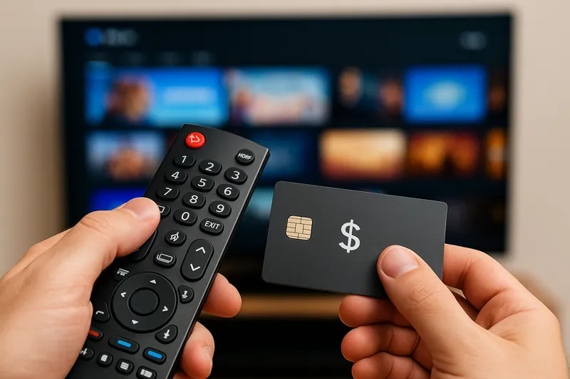 구독-취소를-잊어서-자동결제가-계속되는-상황을-시각적으로-표현한-이미지로-TV-앞에서-리모컨과-카드를-들고-있는-사람의-모습