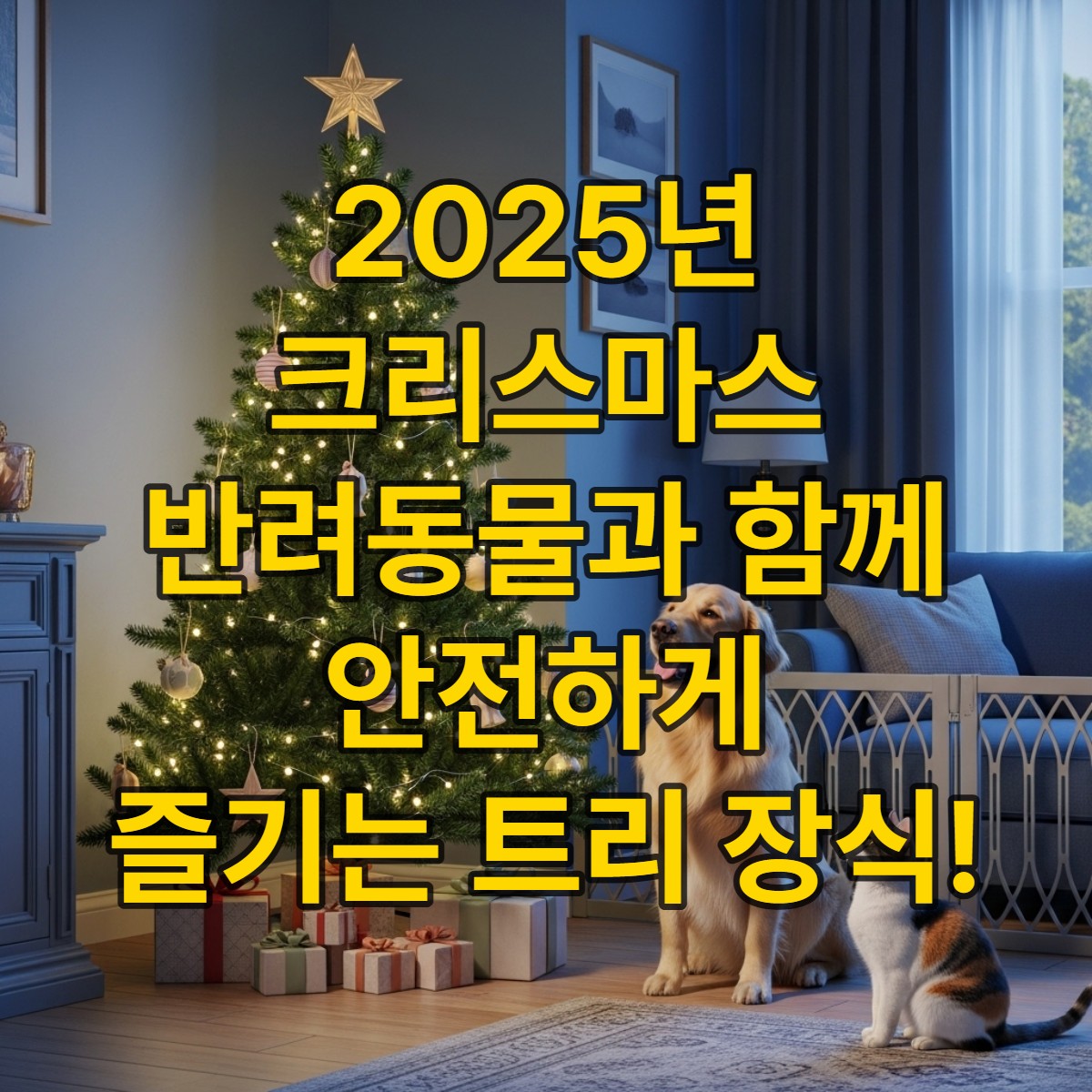2025년 크리스마스, 불루-그레이 톤의 아늑한 거실에 반려동물 친화적으로 꾸며진 안전한 인조 크리스마스트리,골든 리트리버와 칼리코 고양이가 트리 옆 울타리 너머에서 평화롭게 트리를 바라보고 있는 모습.