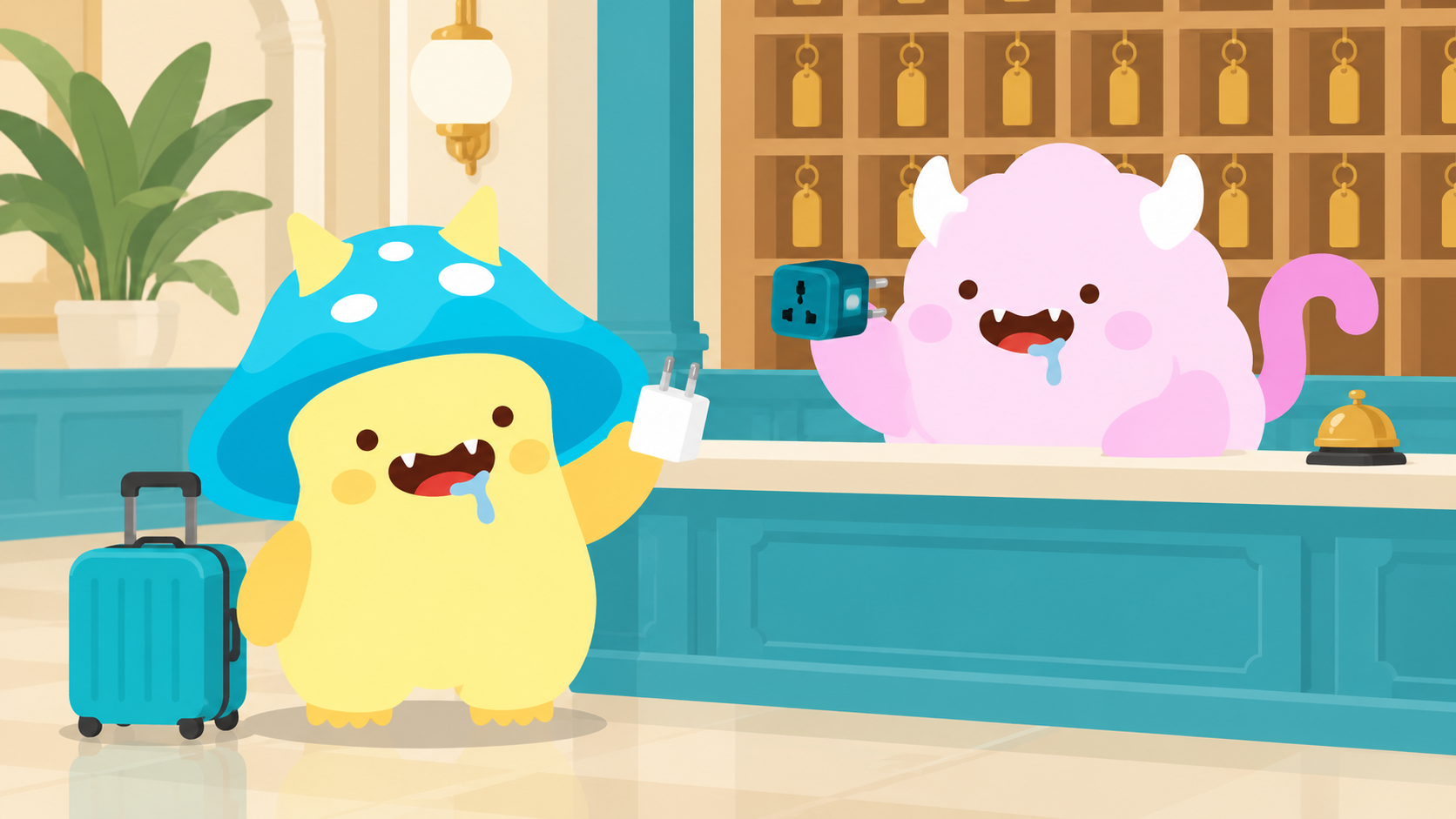 Bode and ShuShu asking about a plug adapter at a hotel reception desk
