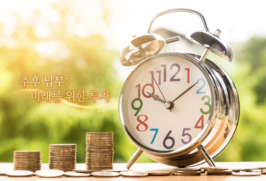 시간과 저축을 상징하는 시계와 동전 더미 이미지, 국민연금 추후 납부로 노후 자금을 불리는 재테크 개념
