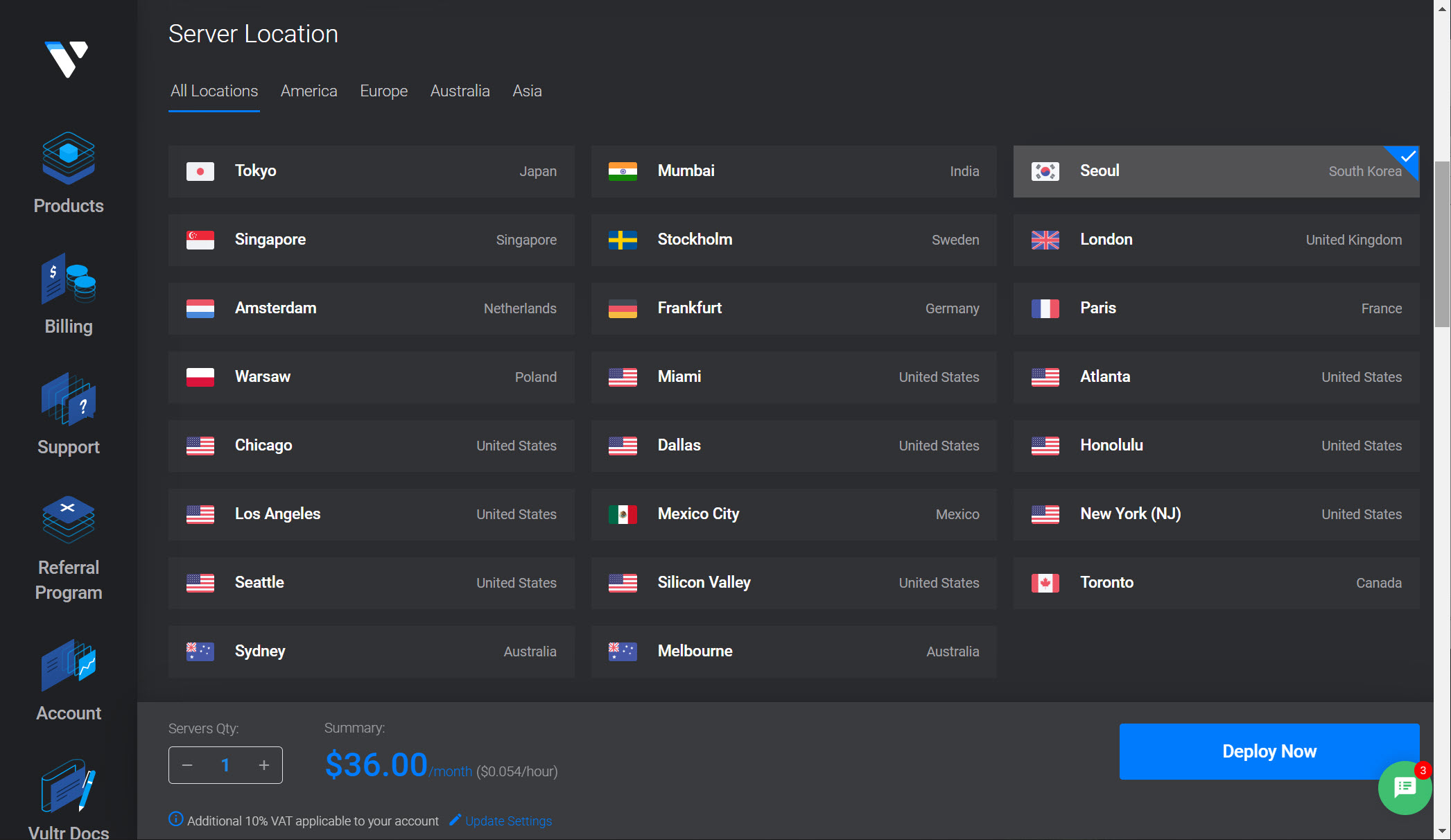 해외 호스팅 Vultr - 데이터 센터 위치