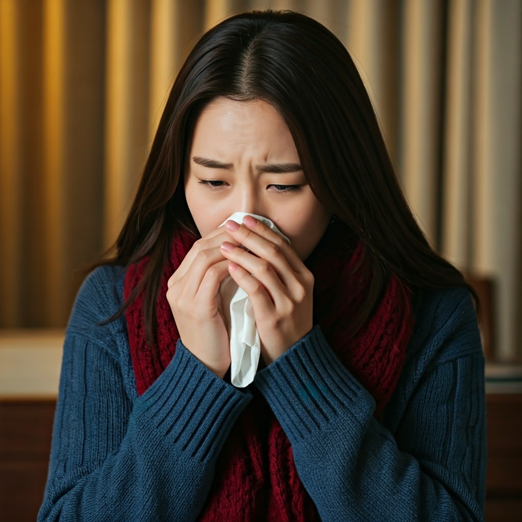 코감기로 코푸는 여성 사진