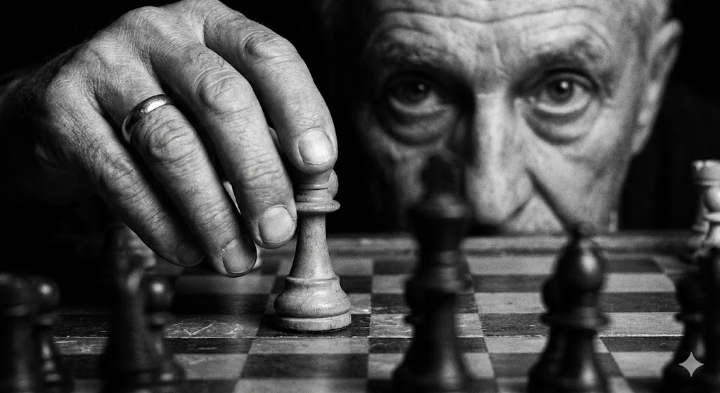 체스판 위에서 말을 움직이지 않고 상대방을 응시하는 손 클로즈업