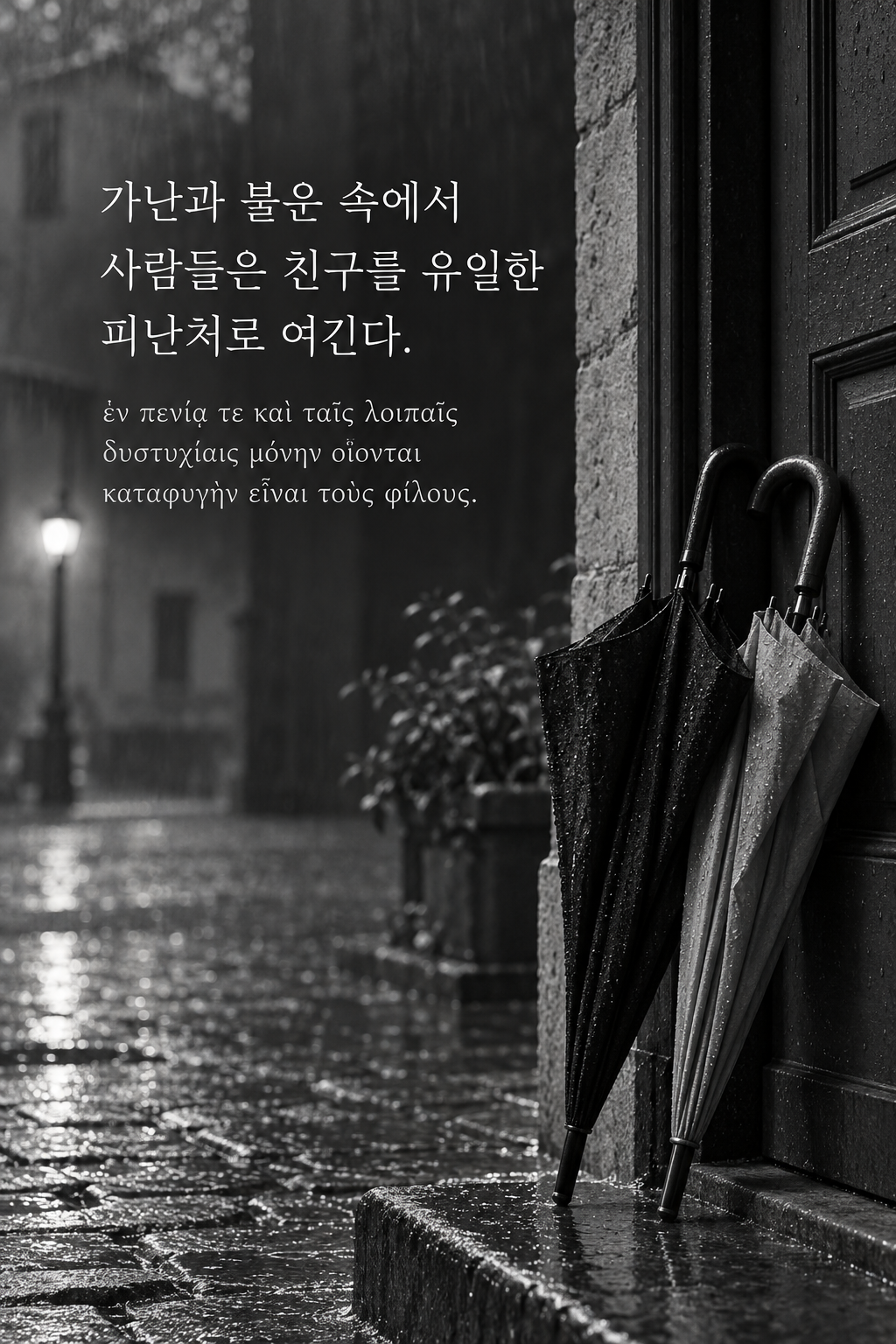 아리스토텔레스 명언 23 — 가난과 불운 속에서 사람들은 친구를 유일한 피난처로 여긴다. — 흑백사진