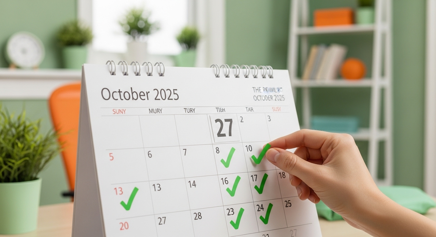 2025년 10월 달력에 매일 운동을 꾸준히 기록한 체크 표시들이 가득한 모습. 꾸준한 홈트레이닝의 중요성.