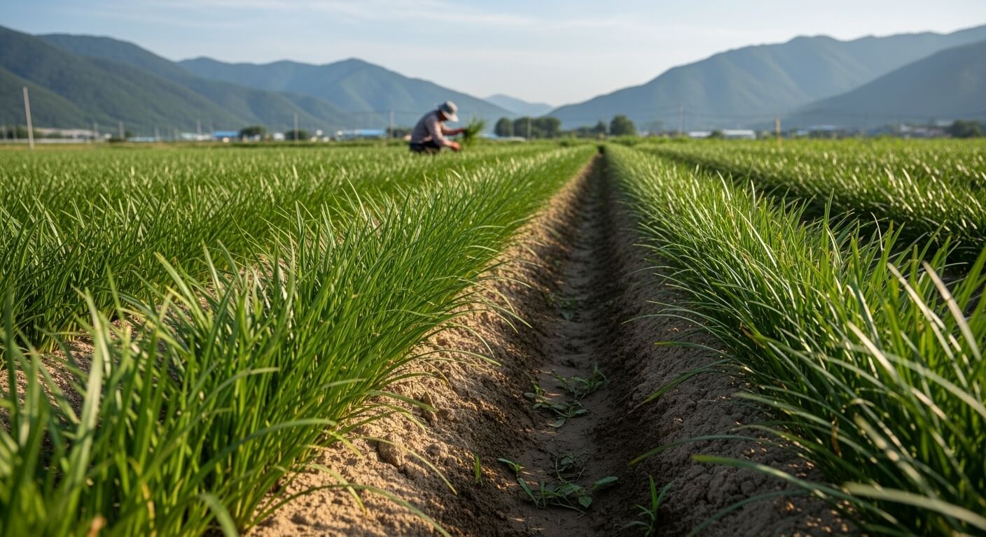 햇살 아래 푸른 잎이 자라는 맥문동 재배지 전경
